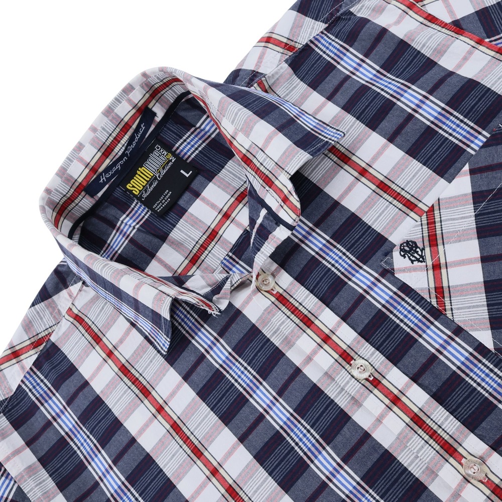 Southpole Mens Large Plaid Short‎ Sleeve Button Down Shirt Navy Red White Cotton